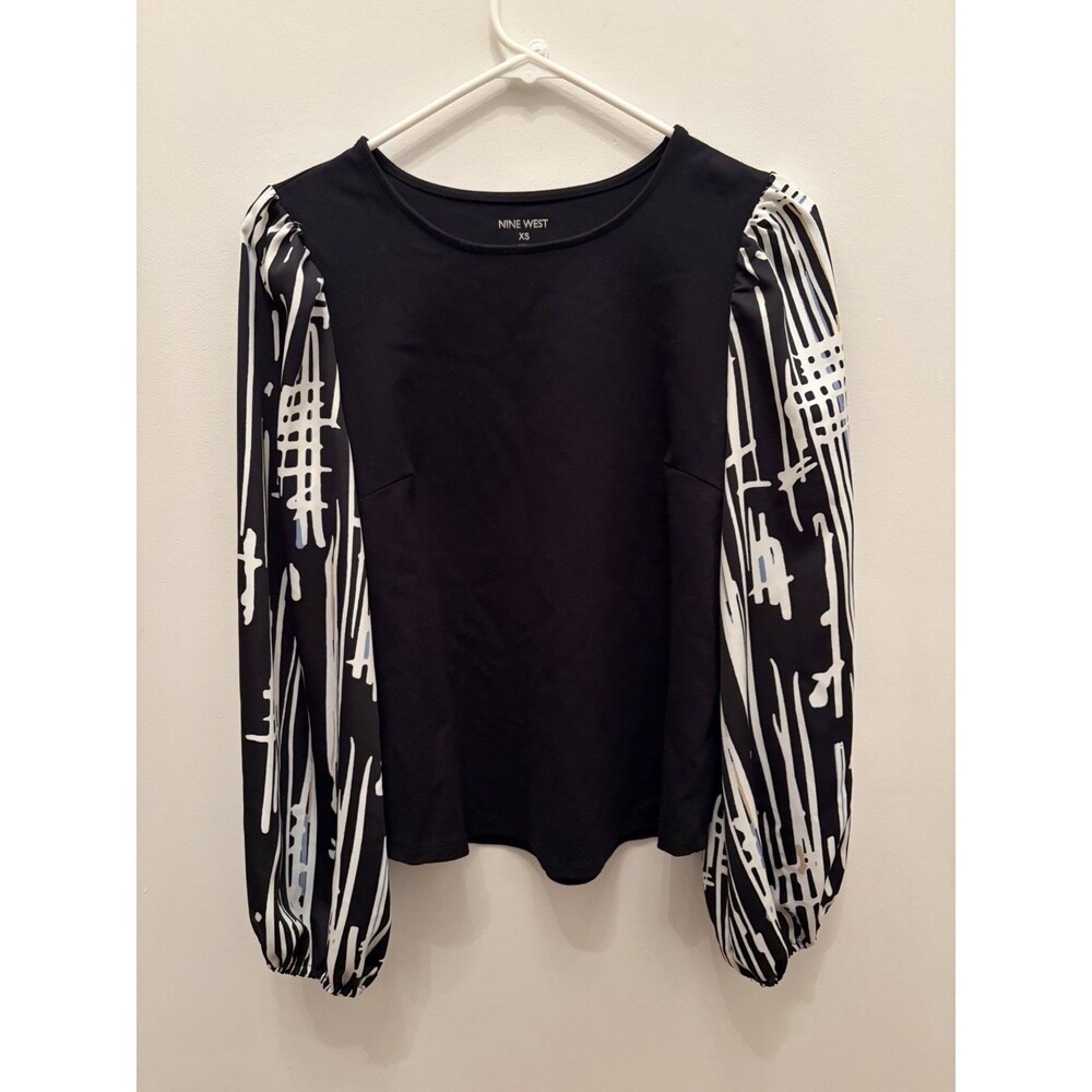 Nine West Sz XS Puff-Sleeve Mixed Media Top Long Sleeve Classic City Chic - Picture 2 of 7